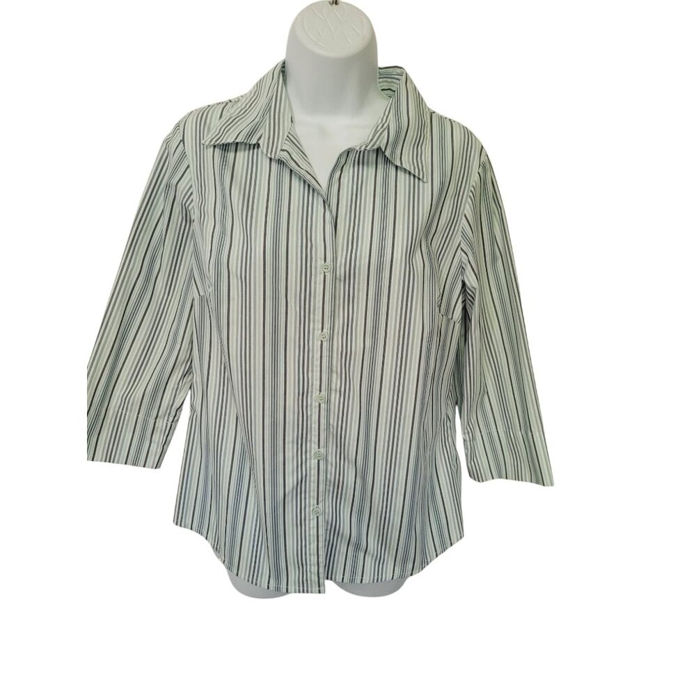 ALC Atlast Classics Womens Striped Button-Down Shirt 3/4 Sleeves Light Blue/Whit